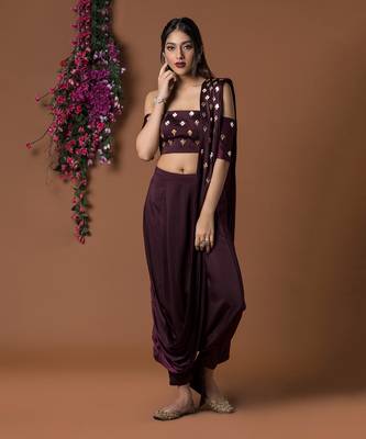 Wine Low Crotch Pants Sari Set 2