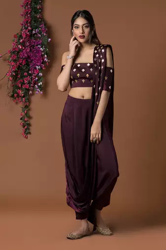 Wine Low Crotch Pants Sari Set