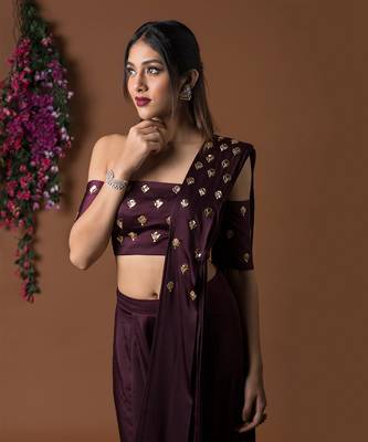 Wine Low Crotch Pants Sari Set 3