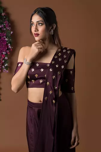 Wine Low Crotch Pants Sari Set