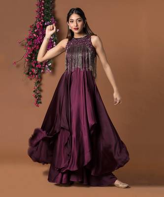 Wine Layered Gown With Hanging Chains Embroidery 1