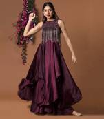 Wine Layered Gown With Hanging Chains Embroidery