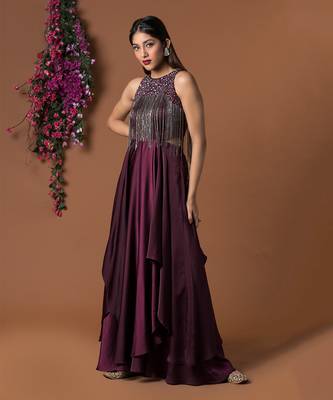 Wine Layered Gown With Hanging Chains Embroidery 2