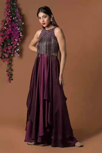 Wine Layered Gown With Hanging Chains Embroidery