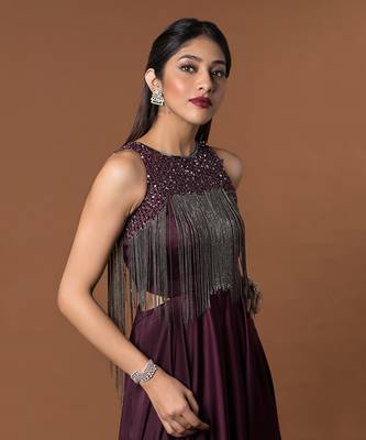 Wine Layered Gown With Hanging Chains Embroidery 3
