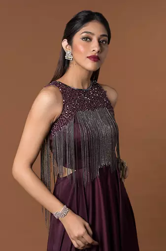 Wine Layered Gown With Hanging Chains Embroidery