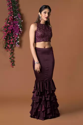 Wine Crop Top & Ruffle Skirt Set