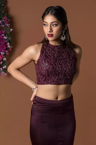 Wine Crop Top & Ruffle Skirt Set