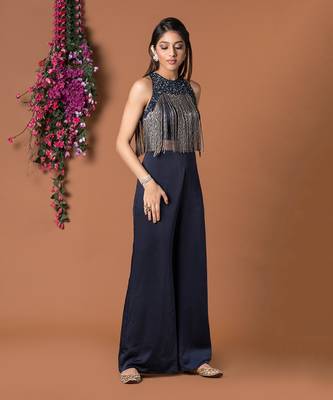 Navy Blue Jumpsuit With Hanging Chains Embroidery 1