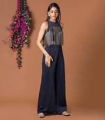 Navy Blue Jumpsuit With Hanging Chains Embroidery