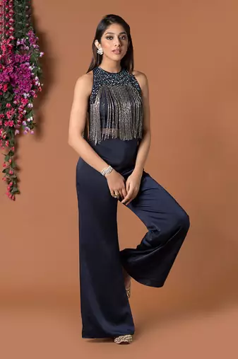 Navy Blue Jumpsuit With Hanging Chains Embroidery