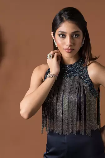 Navy Blue Jumpsuit With Hanging Chains Embroidery