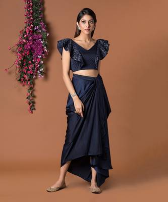 Navy Blue Draped Skirt & Crop Top Set 2