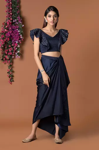 Navy Blue Draped Skirt & Crop Top Set