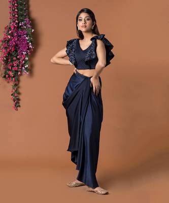Navy Blue Draped Skirt & Crop Top Set 1