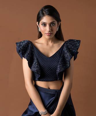 Navy Blue Draped Skirt & Crop Top Set 3
