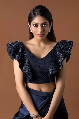 Navy Blue Draped Skirt & Crop Top Set