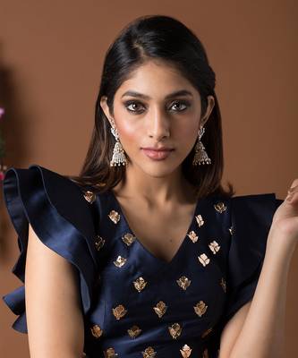 Navy Blue Draped Skirt & Crop Top Set 2