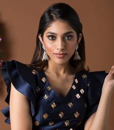 Navy Blue Draped Skirt & Crop Top Set