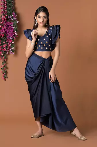 Navy Blue Draped Skirt & Crop Top Set