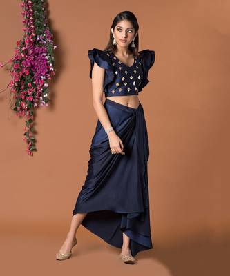 Navy Blue Draped Skirt & Crop Top Set 1