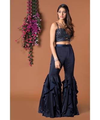 Navy Blue Ruffle Pants & Crop Top Set 1