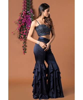 Navy Blue Ruffle Pants & Crop Top Set 2