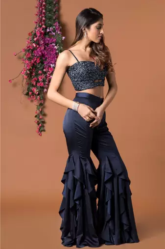 Navy Blue Ruffle Pants & Crop Top Set