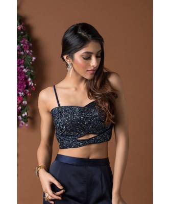 Navy Blue Ruffle Pants & Crop Top Set 3