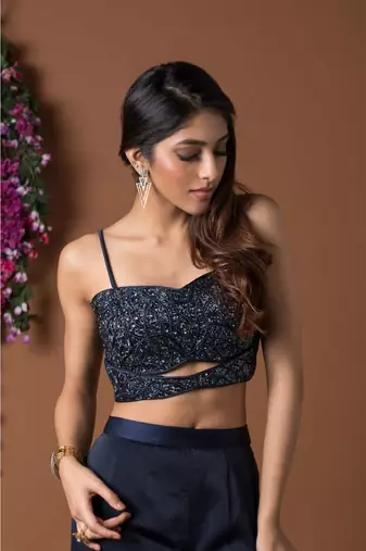 Navy Blue Ruffle Pants & Crop Top Set
