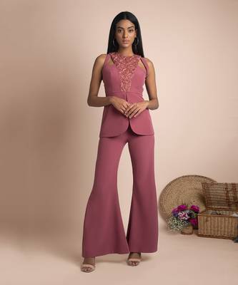 Rose Pink Bell Bottoms And Embroidered Jacket Top 2