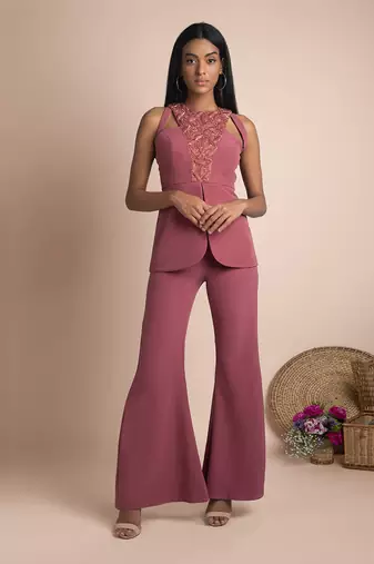 Rose Pink Bell Bottoms And Embroidered Jacket Top