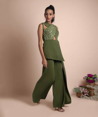 Green Jacket Top With Pants Set 1