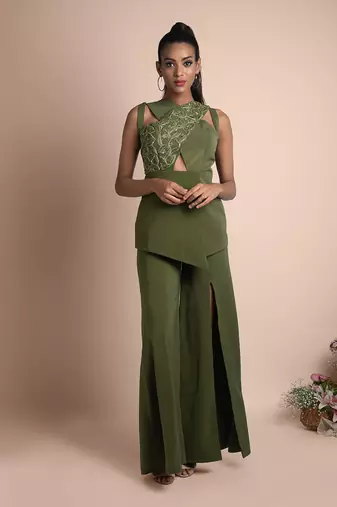 Green Jacket Top With Pants Set