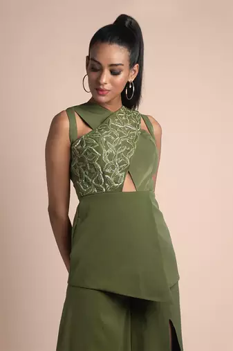 Green Jacket Top With Pants Set