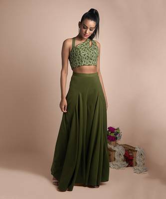 Green Draped Pants And Crop Top Set 1
