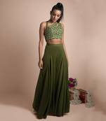 Green Draped Pants And Crop Top Set
