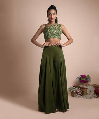 Green Draped Pants And Crop Top Set 2