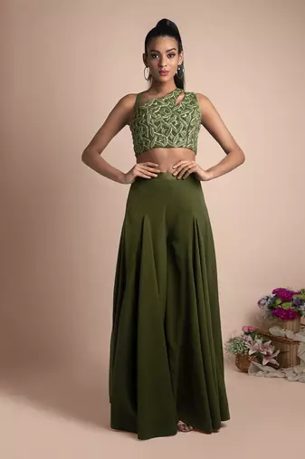 Green Draped Pants And Crop Top Set