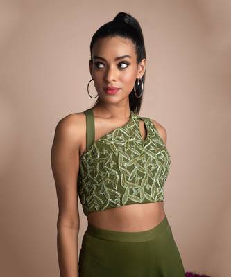 Green Draped Pants And Crop Top Set 3