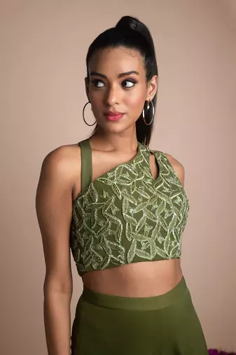 Green Draped Pants And Crop Top Set