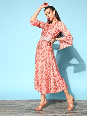 Peach printed silk blend long-dresses 2