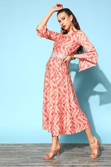 Peach printed silk blend long-dresses
