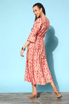 Peach printed silk blend long-dresses