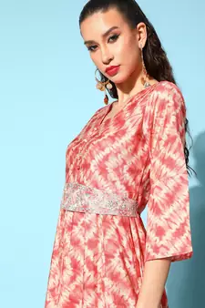 Peach printed silk blend long-dresses