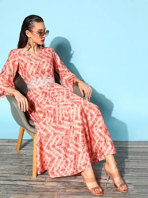 Peach printed silk blend long-dresses 5