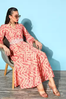 Peach printed silk blend long-dresses