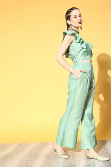 Sea-green printed cotton silk ethnic-kurtis