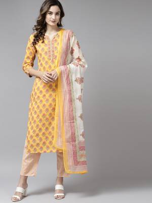 Yellow printed cotton ethnic-kurtis 1
