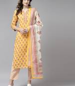 Yellow printed cotton ethnic-kurtis